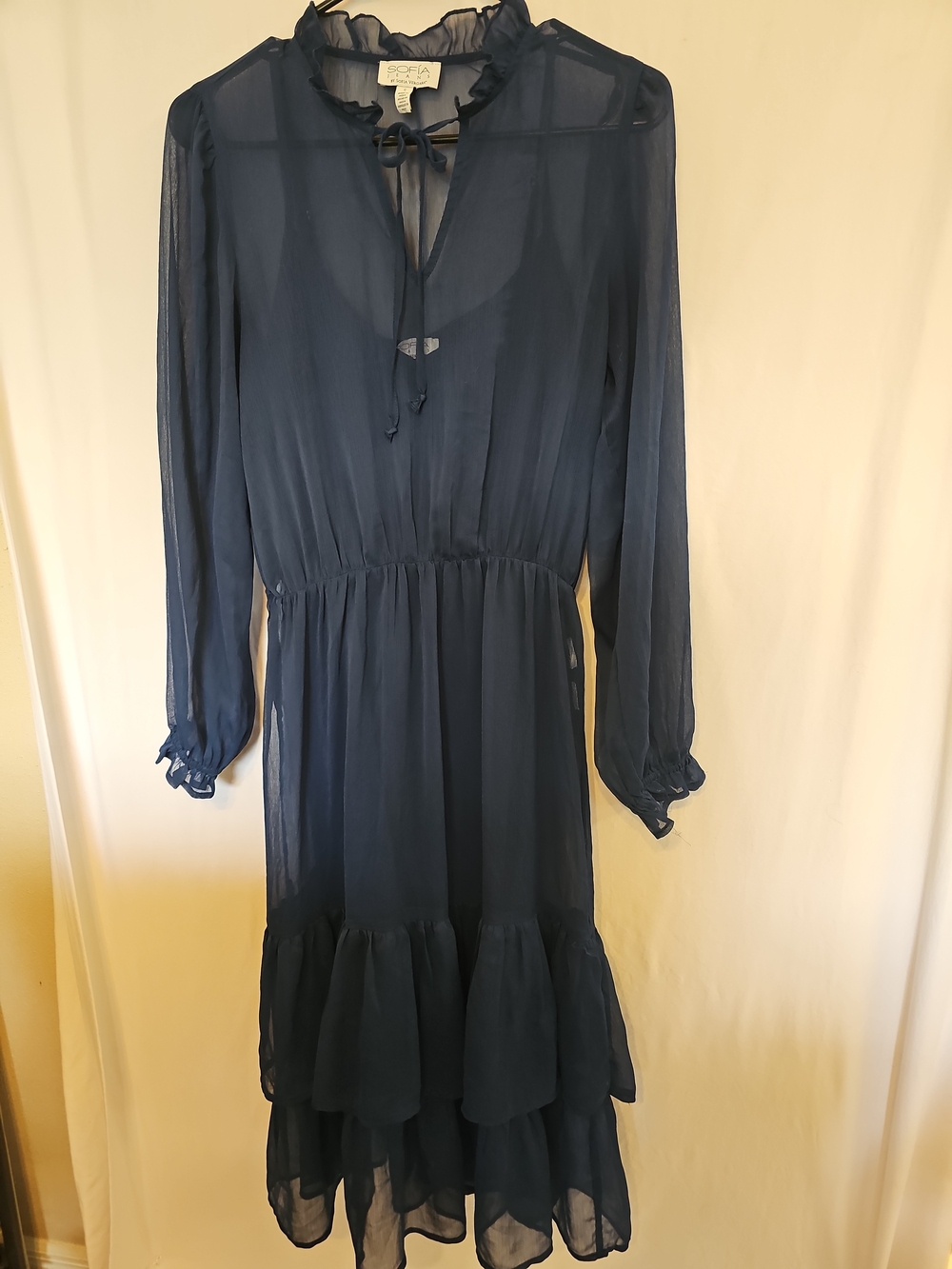 Navy Blue Sheer Tiered Midi DressSize: Small - Picture 9 of 9
